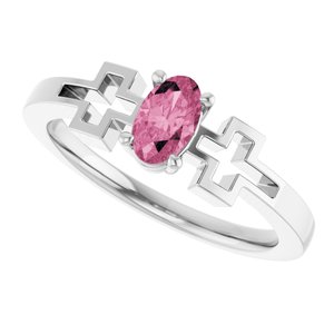 14K White Gold Natural Pink Tourmaline Youth Cross Ring