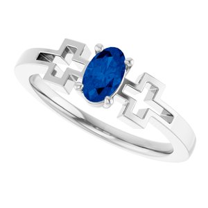 14K White Gold Lab-Grown Blue Sapphire Youth Cross Ring