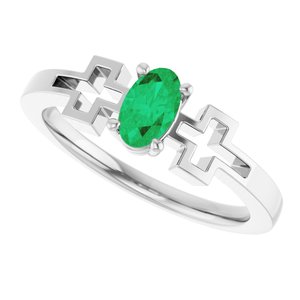 14K White Gold Lab-Grown Emerald Youth Cross Ring