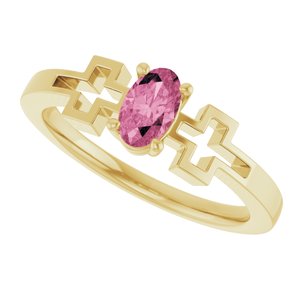 14K Yellow Gold Natural Pink Tourmaline Youth Cross Ring