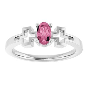 14K White Gold Natural Pink Tourmaline Youth Cross Ring