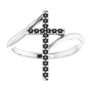 14K White Gold 1/8 CTW Natural Black Diamond Cross Ring