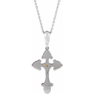 14K White Gold Natural Citrine & .06 CTW Natural Diamond Cross 16-18" Necklace
