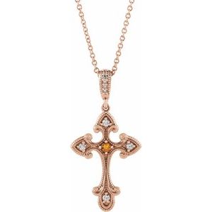 14K Rose Gold Natural Citrine & .06 CTW Natural Diamond Cross 16-18" Necklace