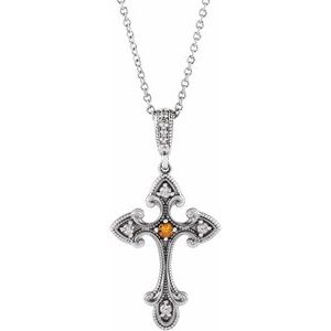 Sterling Silver Natural Citrine & .06 CTW Natural Diamond Cross 16-18" Necklace