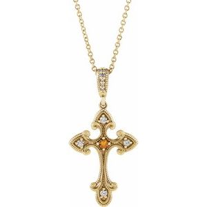 14K Yellow Gold Natural Citrine & .06 CTW Natural Diamond Cross 16-18" Necklace