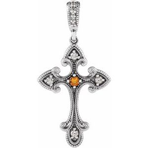 14K White Gold Natural Citrine & .06 CTW Natural Diamond Cross Pendant