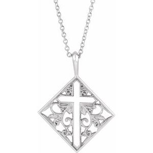 14K White Gold Ornate Pierced Cross 16-18" Necklace