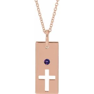 14K Rose Gold Natural Amethyst Cross Bar 16-18" Necklace