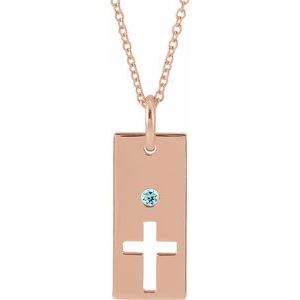 14K Rose Gold Natural Aquamarine Cross Bar 16-18" Necklace