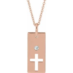 14K Rose Gold .03 CT Natural Diamond Cross Bar 16-18" Necklace