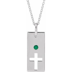 Sterling Silver Natural Emerald Cross Bar 16-18" Necklace