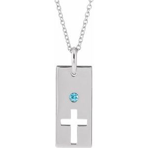 Sterling Silver Natural Blue Zircon Cross Bar 16-18" Necklace