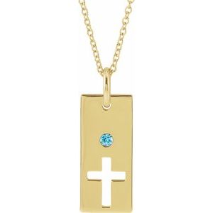 14K Yellow Gold Natural Blue Zircon Cross Bar 16-18" Necklace