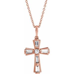 14K Rose Gold 3/8 CTW Natural Diamond Baguette Cross 16-18" Necklace