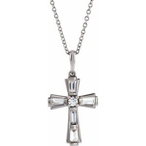 14K White Gold 3/8 CTW Natural Diamond Baguette Cross 16-18" Necklace