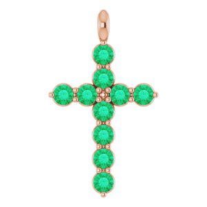 14K Rose Gold Natural Emerald Cross Pendant