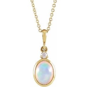 14K Yellow Gold 8x6 mm Natural Ethiopian Opal & .03 CT Natural Diamond 16-18" Necklace