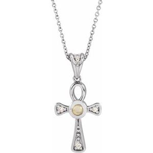 Platinum Natural White Opal & .04 CTW Natural Diamond Ankh Cross 16-18' Necklace
