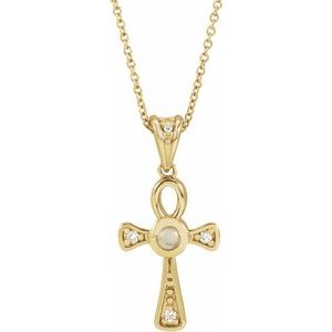 14K Yellow Gold Natural White Opal & .04 CTW Natural Diamond Ankh Cross Pendant