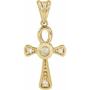 14K Yellow Gold Natural White Opal & .04 CTW Natural Diamond Ankh Cross Pendant