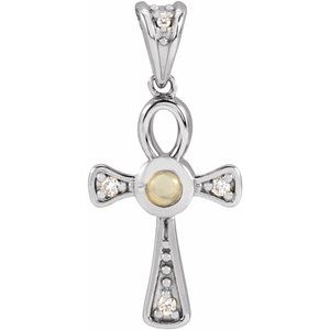 14K White Gold Natural White Opal & .04 CTW Natural Diamond Ankh Cross Pendant