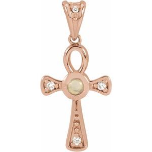 14K Rose Gold Natural White Opal & .04 CTW Natural Diamond Ankh Cross Pendant