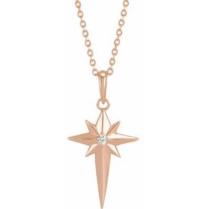 14K Rose Gold .03 CT Natural Diamond Star Cross 16-18" Necklace