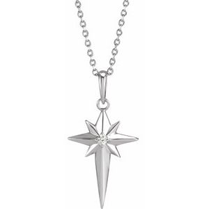 Sterling Silver .03 CT Natural Diamond Star Cross 16-18" Necklace