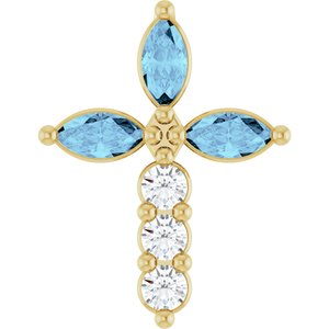 14K Yellow Gold Natural Aquamarine & 1/10 CTW Natural Diamond Cross Pendant