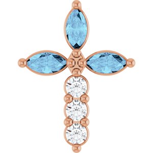 14K Rose Gold Natural Aquamarine & 1/10 CTW Natural Diamond Cross Pendant