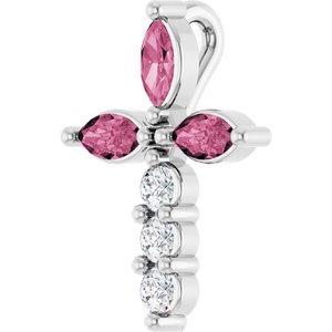 14K White Gold Natural Pink Tourmaline & 1/10 CTW Natural Diamond Cross Pendant