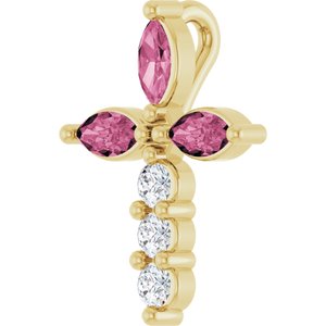 14K Yellow Gold Natural Pink Tourmaline & 1/10 CTW Natural Diamond Cross Pendant