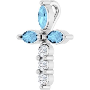 Sterling Silver Natural Aquamarine & 1/10 CTW Natural Diamond Cross Pendant