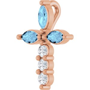 14K Rose Gold Natural Aquamarine & 1/10 CTW Natural Diamond Cross Pendant