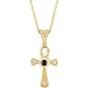 14K Yellow Gold Natural Onyx & .04 CTW Natural Diamond Ankh Cross 16-18' Necklace