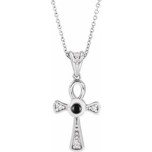 Sterling Silver Natural Onyx & .04 CTW Natural Diamond Ankh Cross 16-18' Necklace