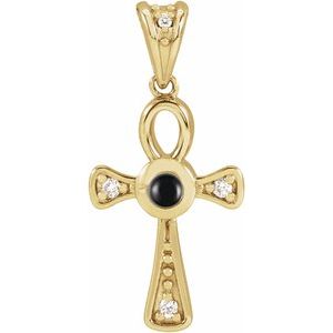 14K Yellow Gold Natural Onyx & .04 CTW Natural Diamond Ankh Cross Pendant