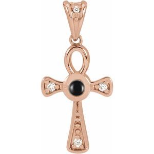 14K Rose Gold Natural Onyx & .04 CTW Natural Diamond Ankh Cross Pendant