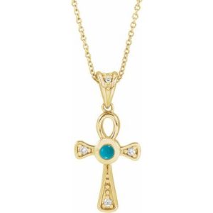 14K Yellow Gold Natural Turquoise & .04 CTW Natural Diamond Ankh Cross 16-18' Necklace