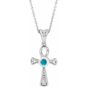 Sterling Silver Natural Turquoise & .04 CTW Natural Diamond Ankh Cross 16-18' Necklace