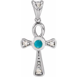 Sterling Silver Natural Turquoise & .04 CTW Natural Diamond Ankh Cross Pendant