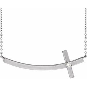 14K White Gold .06 CT Natural Diamond Sideways Cross 18" Necklace