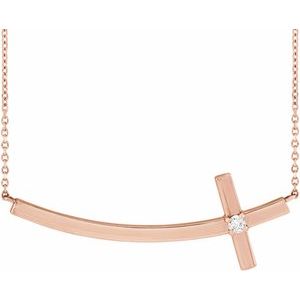 14K Rose Gold .06 CT Natural Diamond Sideways Cross 18" Necklace