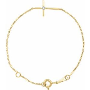 14K Yellow Gold Imitation White Cubic Zirconia Sideways Youth Cross 5 1/2" Bracelet