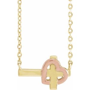 14K Yellow/Rose Gold Sideways Cross & Heart 18" Necklace