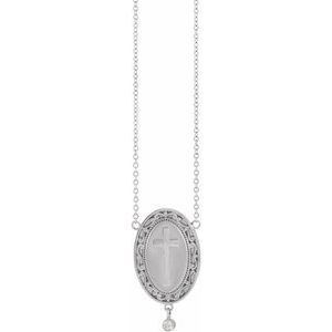 Platinum .015 CT Natural Diamond Rosary Cross 18" Necklace