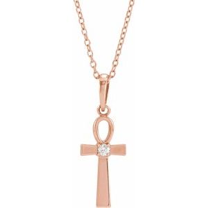 14K Rose Gold .03 CT Natural Diamond Ankh Cross 16-18" Necklace