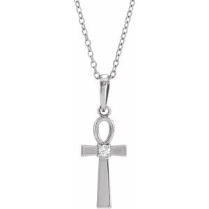 Sterling Silver .03 CT Natural Diamond Ankh Cross 16-18" Necklace