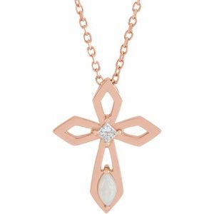 14K Rose Gold Natural White Opal & .05 CT Natural Diamond Cross 16-18" Necklace